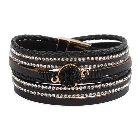 Rhinestone leather wrap magnetic bracelet
