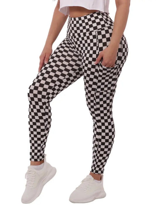 Checkered fleece lined pocket leggings