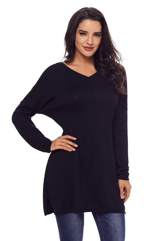 Black Solid Color V Neck Loose Women Sweater-final sale